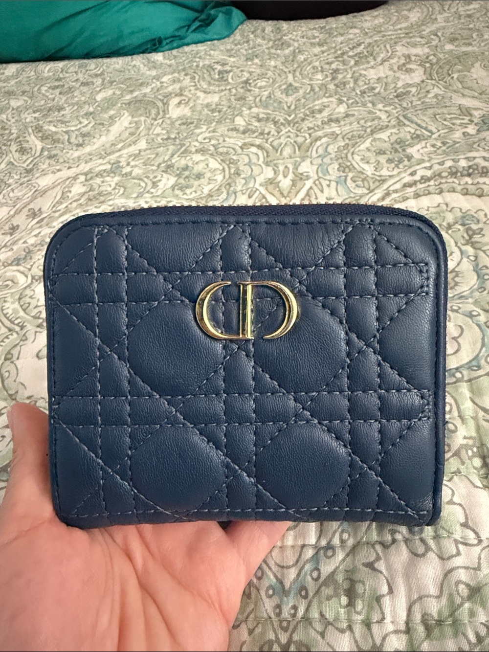 Dior Quilted Compact Wallet in Navy Blue with Gold CD Hardware